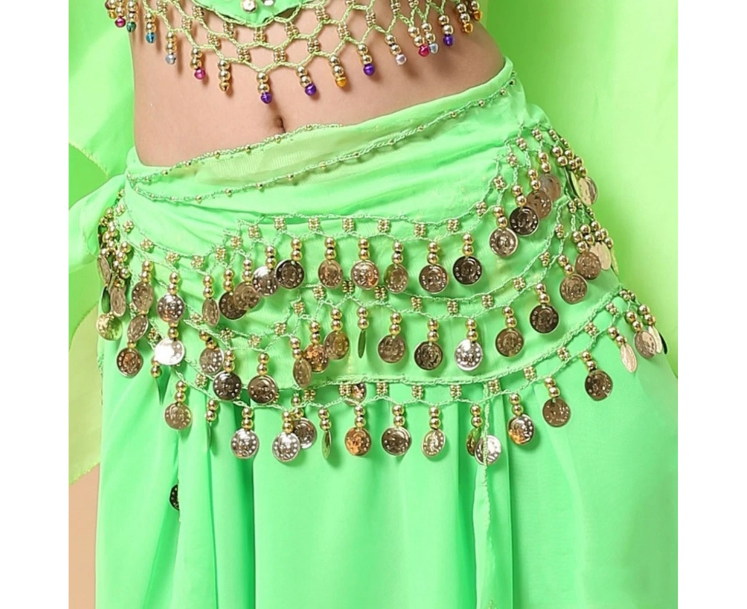 Costume Bay 128 Coins Belly Dance Light Green Hip Scarf  Chiffon Sweet Skirt Wrap Belt Bling Sequins Coins Danceing Costume for Women