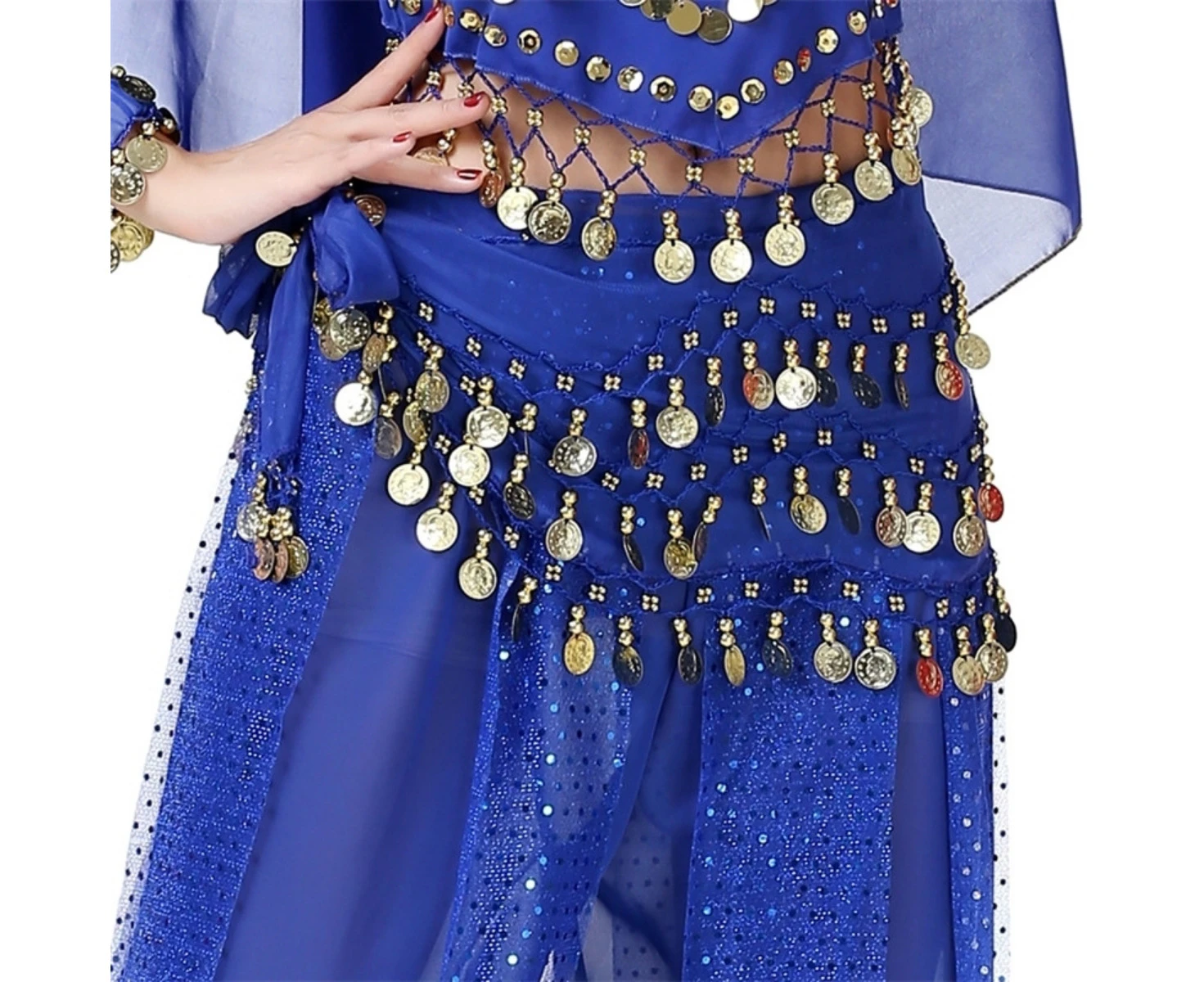 Costume Bay 128 Coins Belly Dance Dark Blue Hip Scarf  Chiffon Sweet Skirt Wrap Belt Bling Sequins Coins Danceing Costume for Women