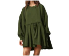 Women's Oversized Long Sleeve Sweatshirt Dress Patchwork Pullover Loose Pleated Skirt Top-ArmyGreen