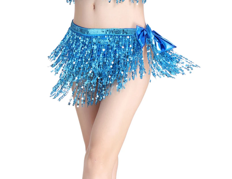 Costume Bay Sequins Tassel Fringe  Light Blue Belly Dance Hip Scarf Waist Belt Dancing Skirt