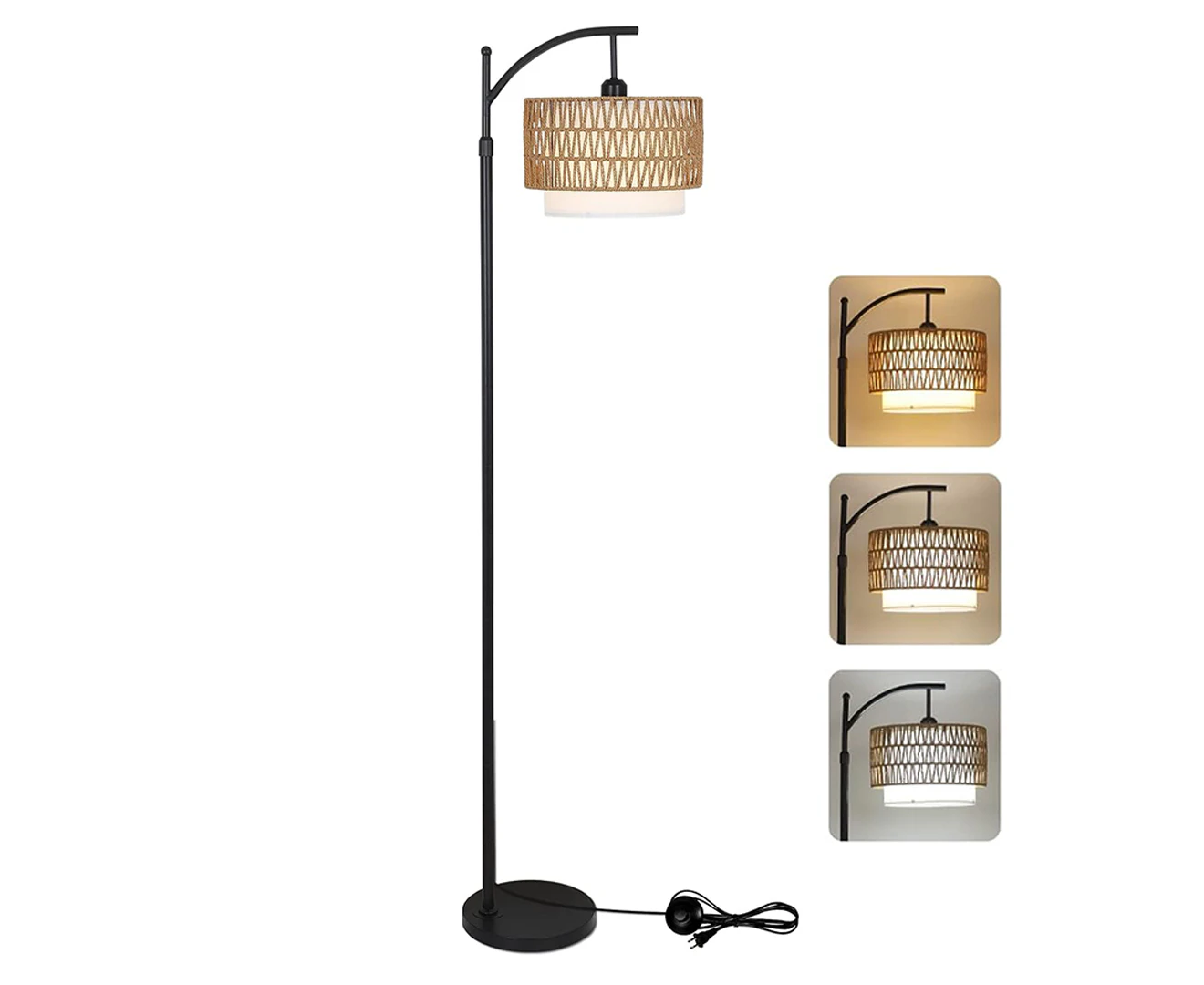 CLORA Floor Lamp 3 Color Temperatures with Remote and Dimmable Bulb Standing Lamp Rattan and Fabric Shades Bedroom Living Room