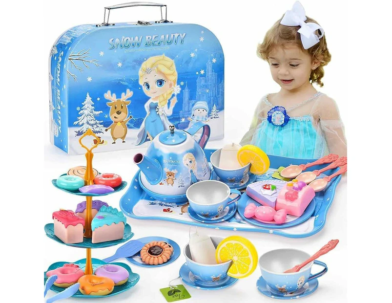 48 Pcs Kids Kitchen Pretend Toy with Tin Tea Set Frozen Toys for Girls Elsa Princess Tea Party Set for Little Girls