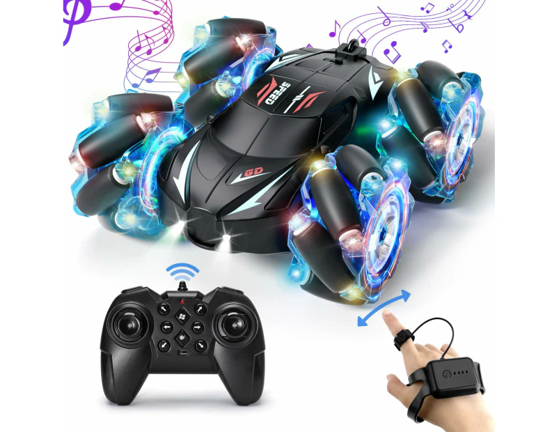 RC Stunt Car, 2.4GHz 4WD Gesture Sensing Remote Control Car with Cool Light and Music, Double-Sided 360° Flips RC Cars for Boys Age 6-12 4-7 8-12