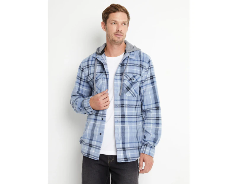 RIVERS - Mens Jacket -  Polar Fleece Check Shacket With Detachable Hood - Blue Check