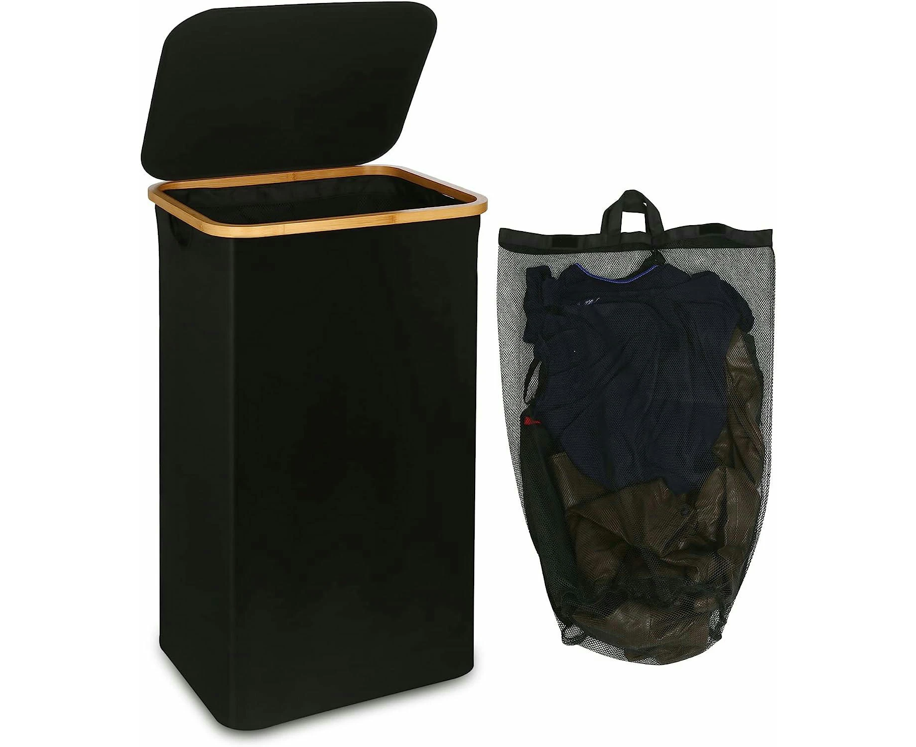 110L Laundry Basket With Mesh Pocket And Lid  Bamboo Handle,  Foldable Laundry Basket (Black)