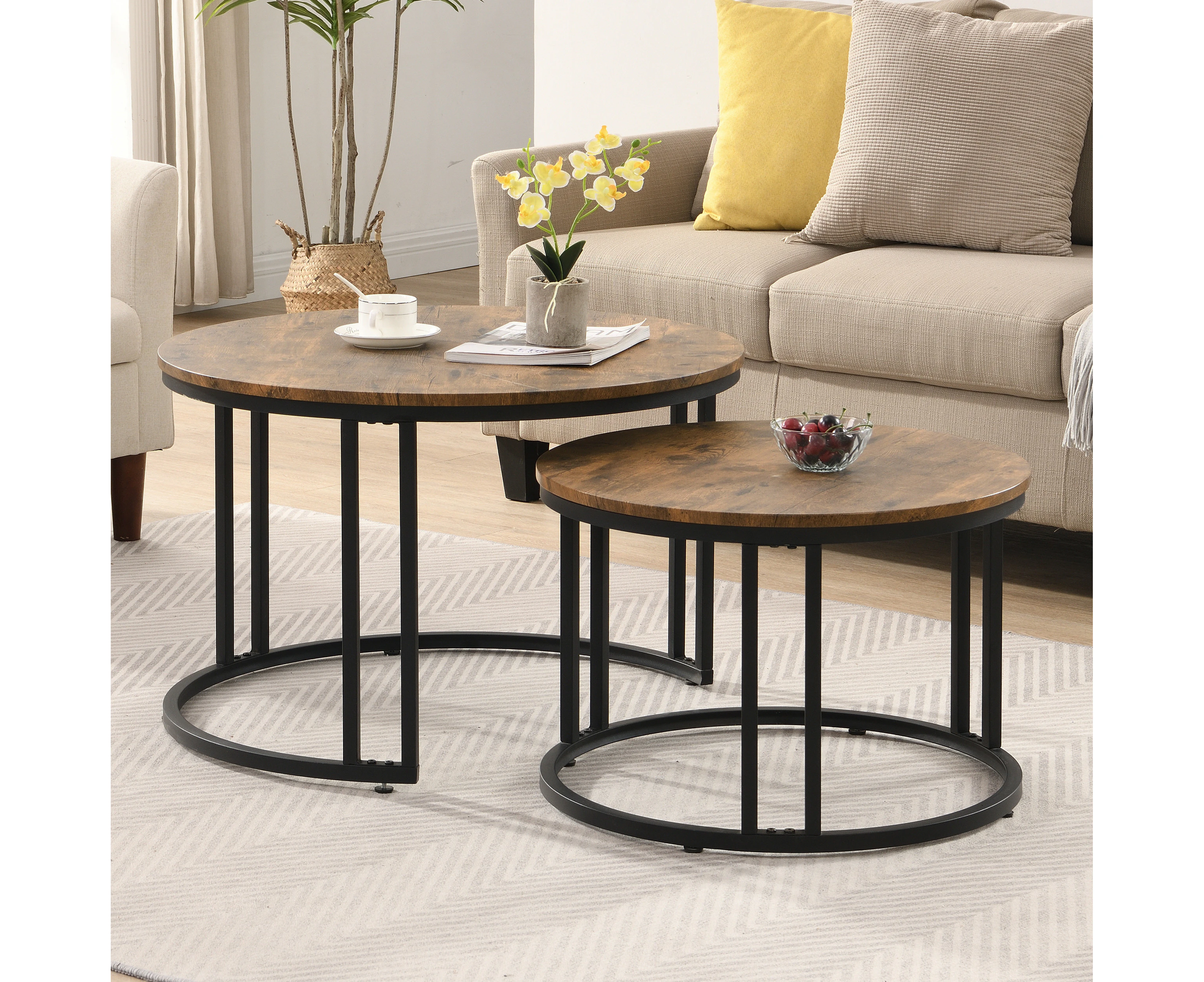 IHOMDEC Industrial Round Metal and Wooden Nesting Coffee table Rustic Dark Brown