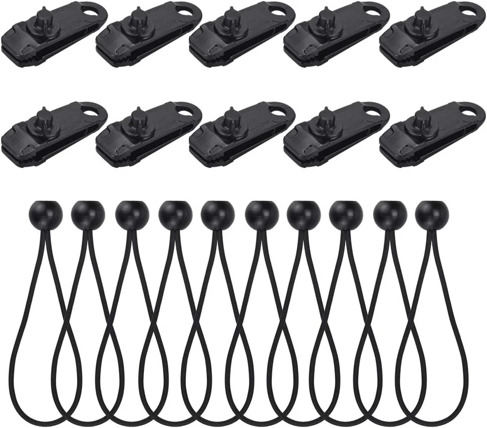 10 Pcs Tarp Clips, 10 Pcs Bungee Ball Cords Instant Awning Clamp Canopy Tarp Tie Down Cord Linoleum Tent Clip Bungee Ball Tent Clip Accessories