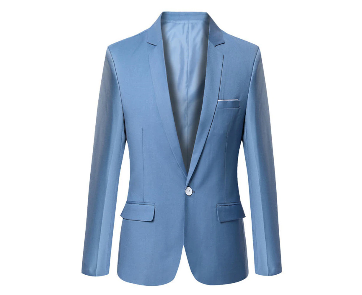 Men Notched Collar Suit Jacket Slim Fit One Button Dress Coat Work Business Formal Blazer - Light blue