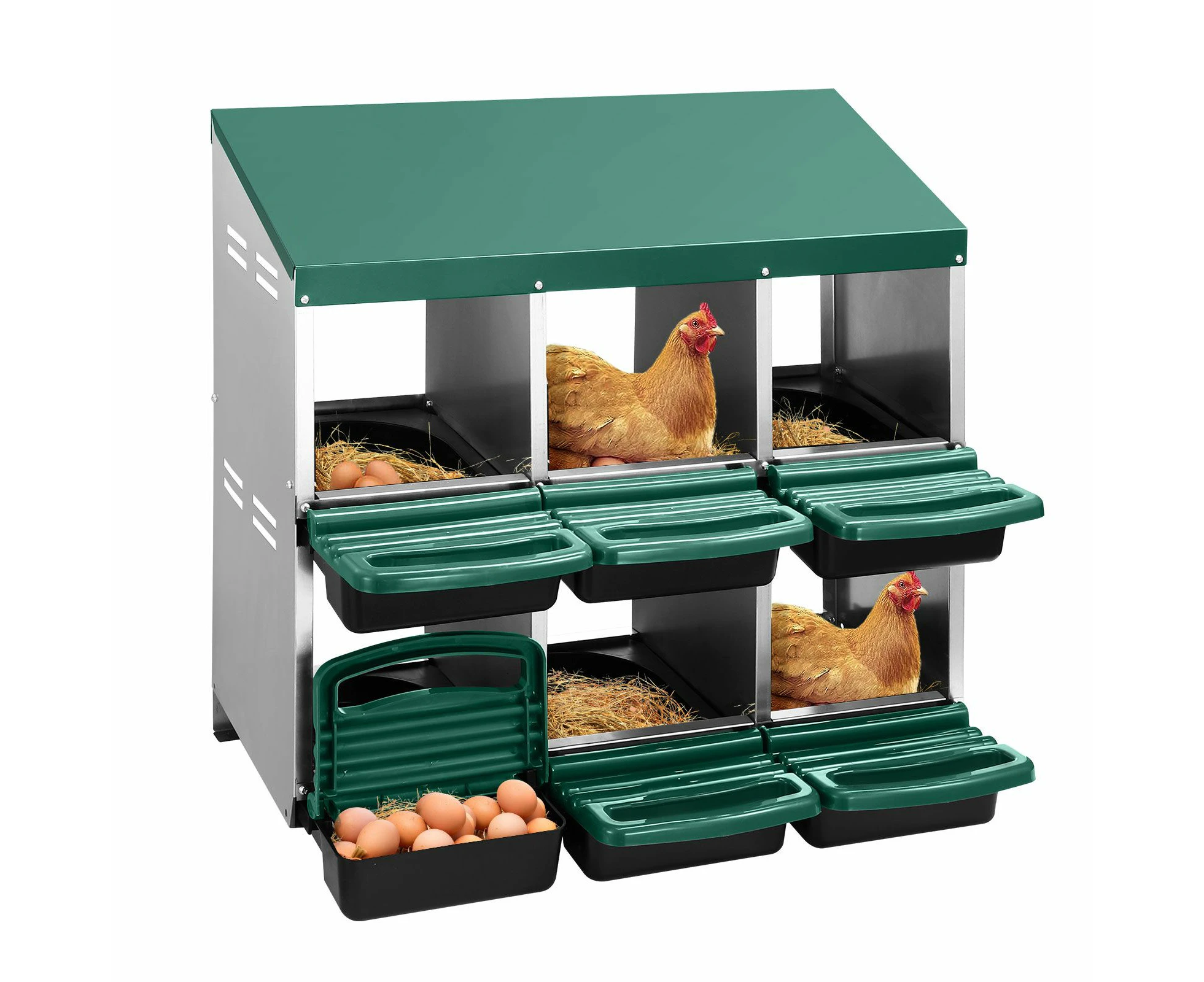 2 Layer 6 Hole Chicken Nesting Box Roll Away Hen Laying Boxes House Chook Nest Coop Perch Roost Poultry Egg Brooder Galvanised Metal Plastic Vents Lid