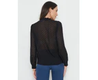 KATIES - Womens Tops -  Long Sleeve Lace Trim Clip Dot Shirt - Black