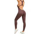 Women's Yoga Jumpsuit Backless Sports Romper Playsuit Sleeveless Gym Bodysuit-Coffee color