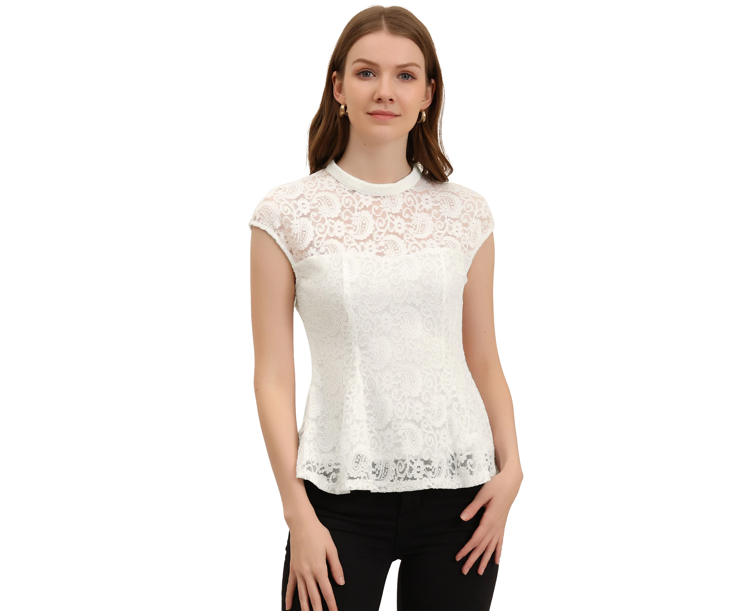 Allegra K Crochet Peplum Floral Lace Blouse - White