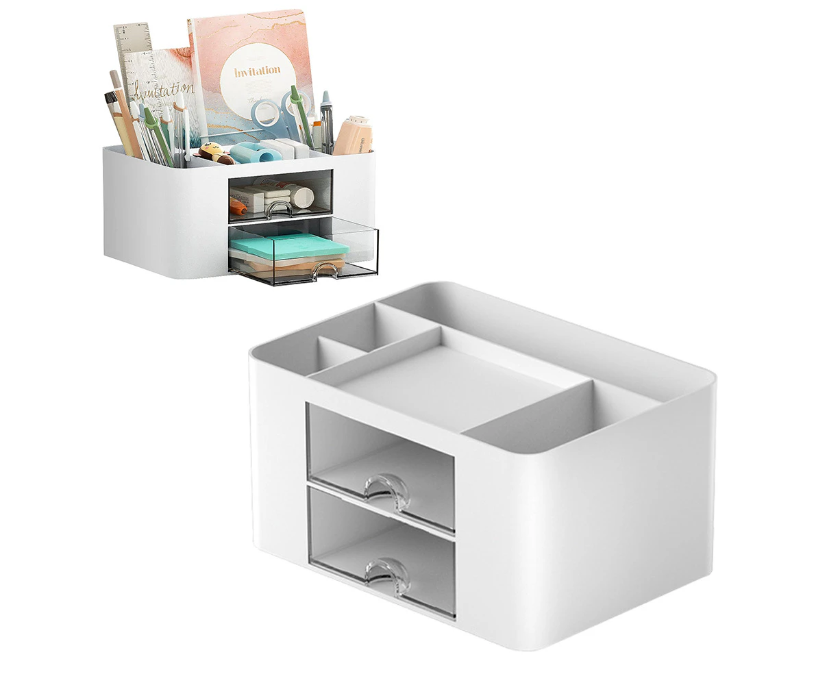 Pen Organizer with 2 Drawer Multi-Functional Pencil Holder for Desk-White