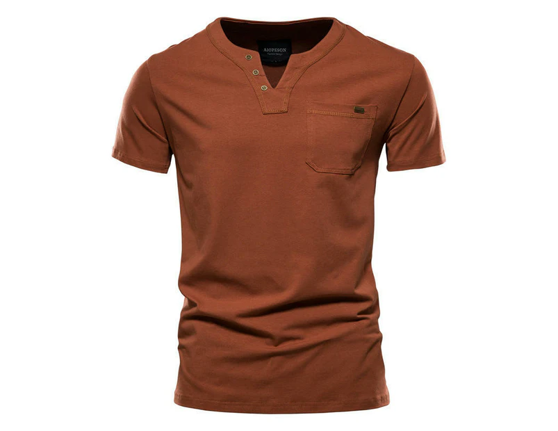 Men's Fashion Slim Short Sleeve Cotton T-Shirt with Pocket Buttons-Orange red