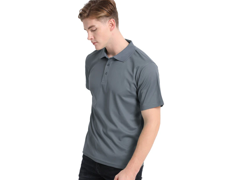 Plain Polo Shirts Solid Colour Golf Shirt Short Sleeve Pique Classic Fit Cool Dry - Charcoal Grey