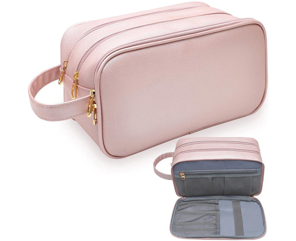 Water-resistant Travel Portable PU Leather Toiletry Bag Cosmetic Makeup Organizer Shaving Bag with Handle-Pink