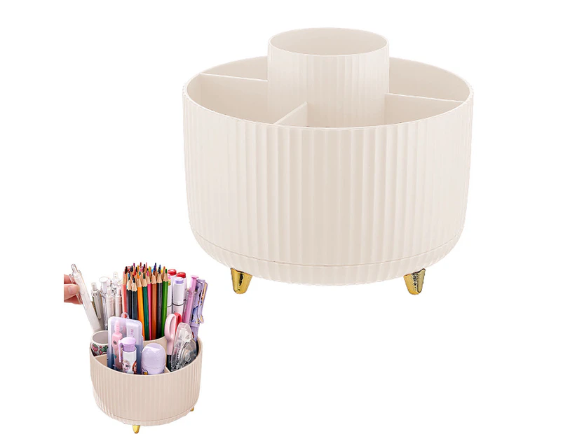 360 Degree Rotating Desk Pen Organizer with 5 Compartments-Beige