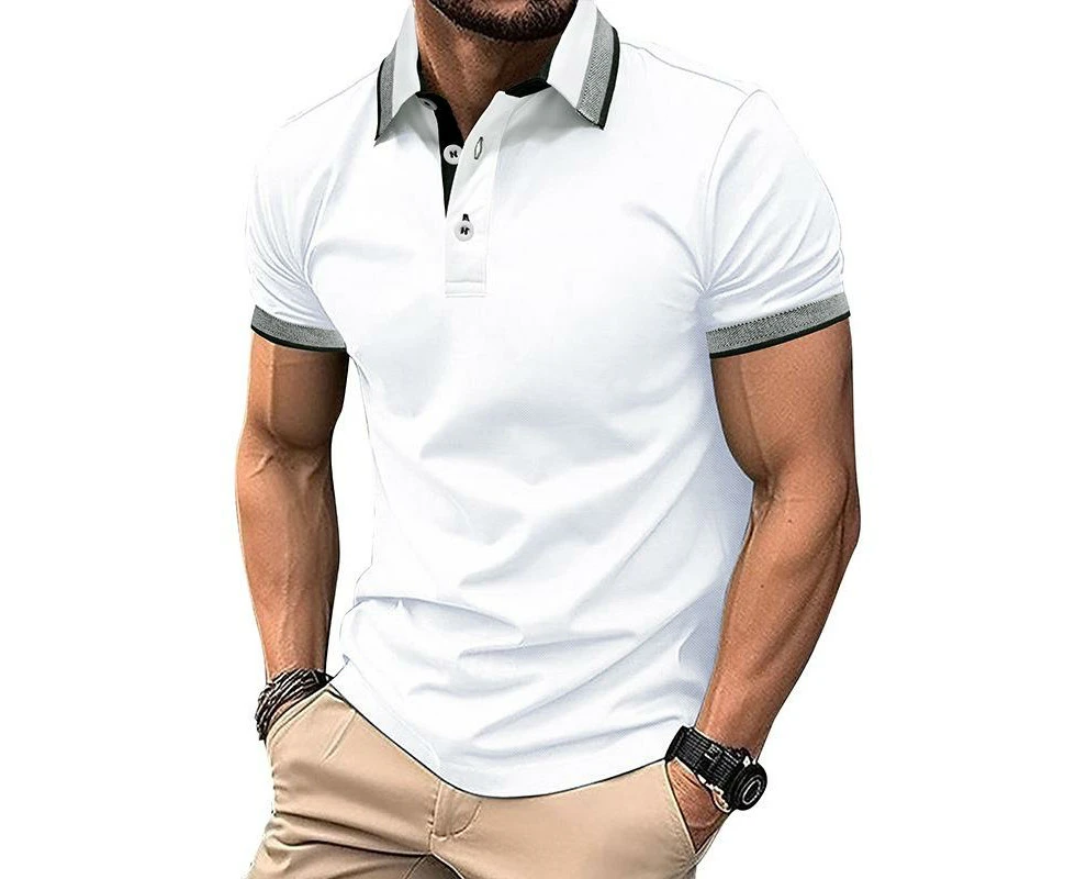 Mens Cotton Polo Shirts Casual Henley Shirts Short Sleeve T-shirts Regular Fitted Work Shirts for Men-White