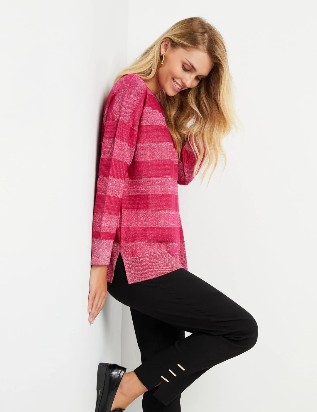 Noni B - Womens - Jumper - Winter - Pink - Pullover / Sweater - Long Sleeve - Striped Rasberry Rose - Length Long - Office Wear - Casual Work Clothes