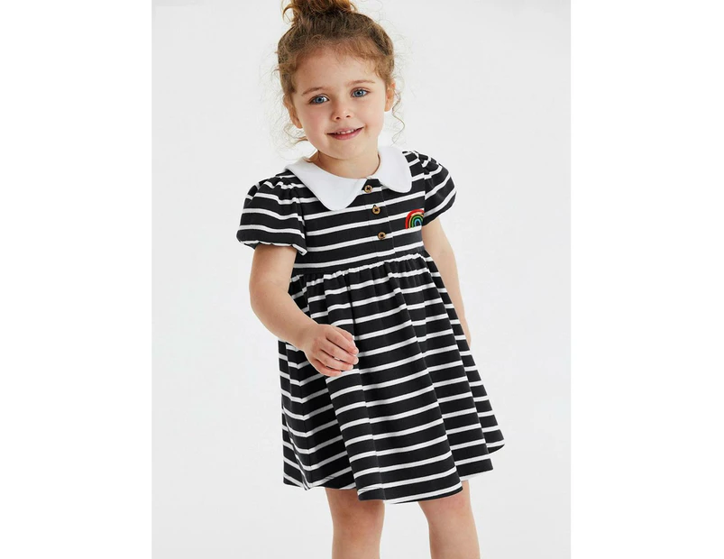 Girls Short Sleeve Princess Dress Lovely Mesh Shirt Dress Cute Printed Mini Dress for Girls-Black