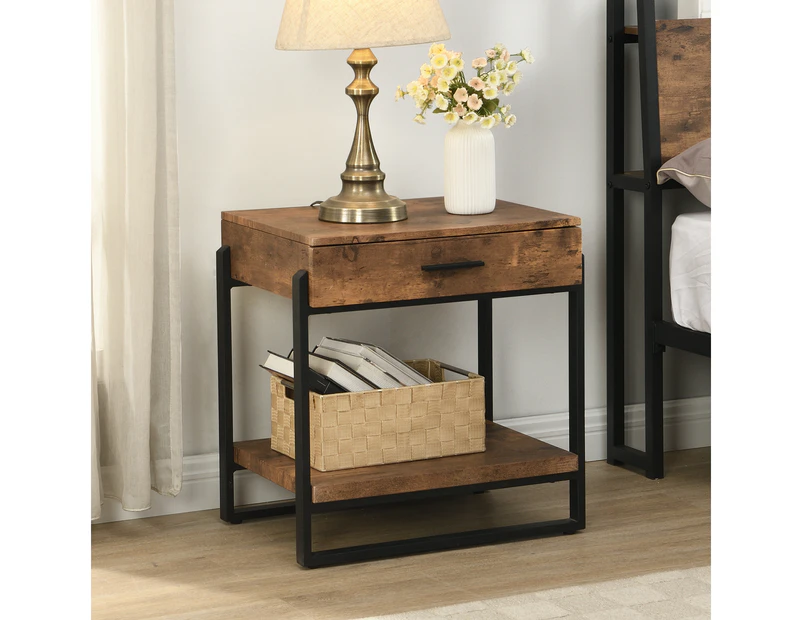 IHOMDEC Industrial Wood and Metal Night Stands with Drawer Rustic Dark Brown