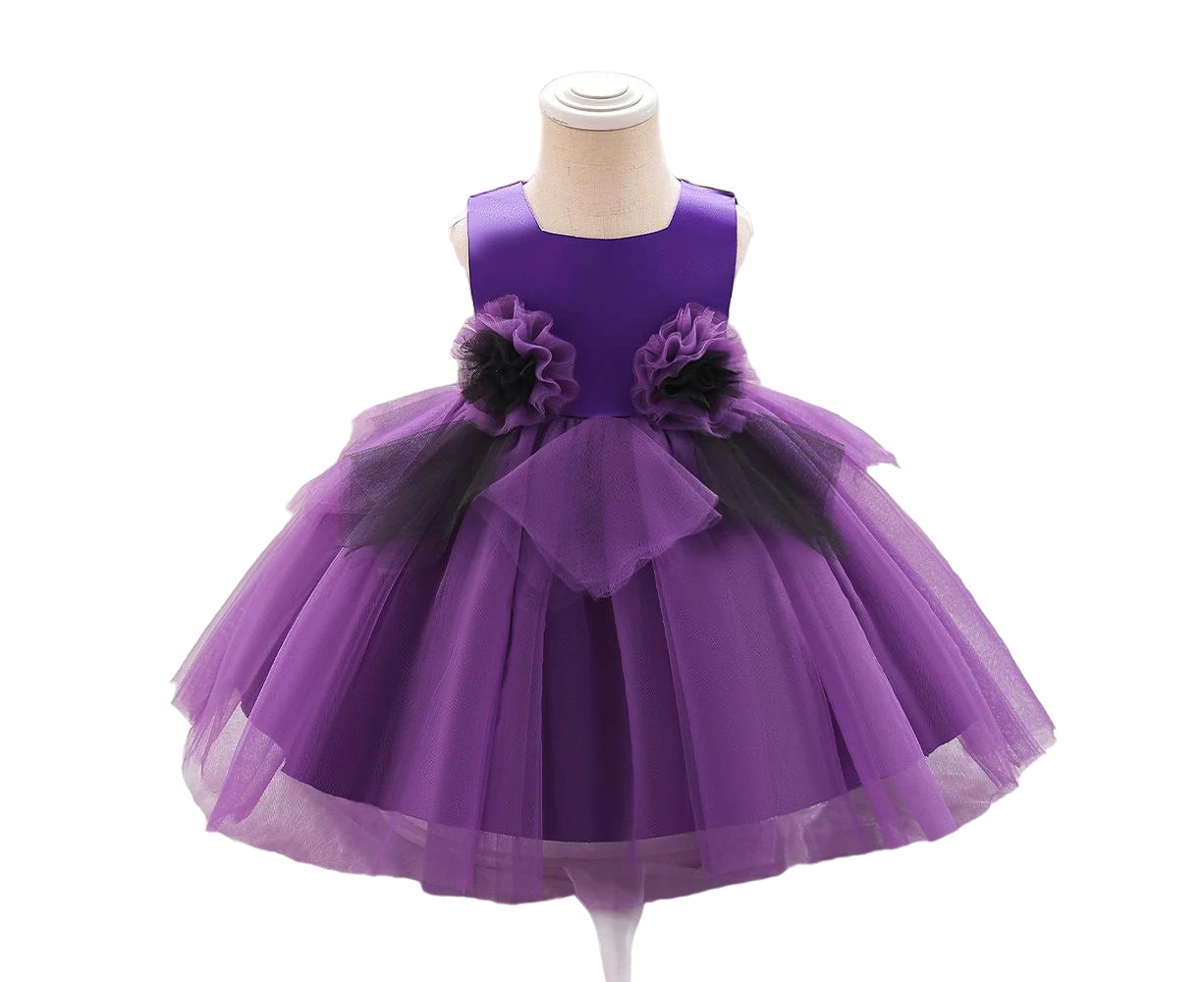 3yrs-8yrs Regal Elegance: Sleeveless Tulle Gown with 3D Flowers - Radiant in Royal Purple