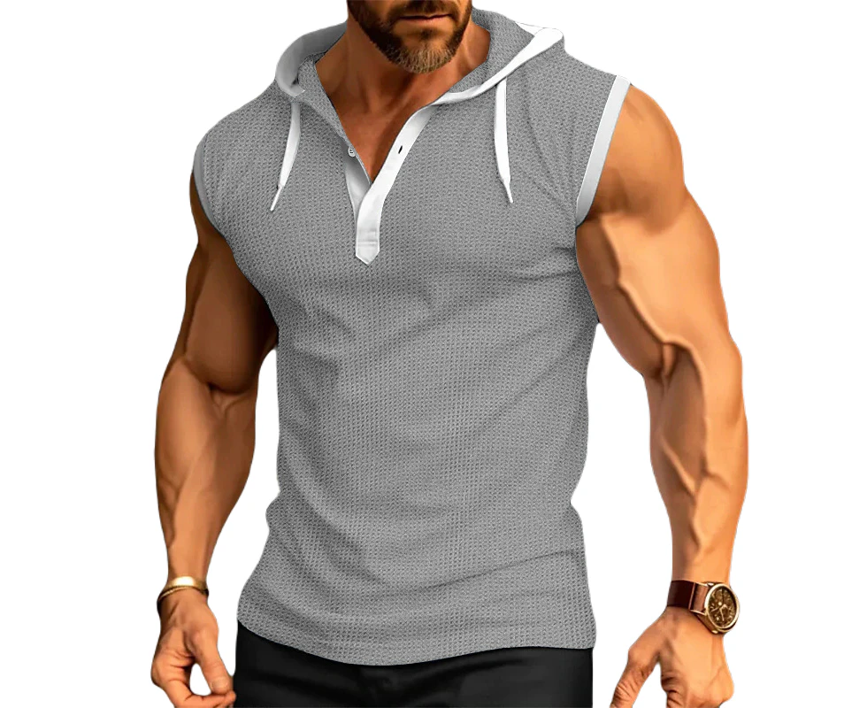 Mens Hoodie Sleeveless Vest Casual Waffle Tee Tops Regular Fitted Sporty V-neck Tank Tops for Men-Light Grey