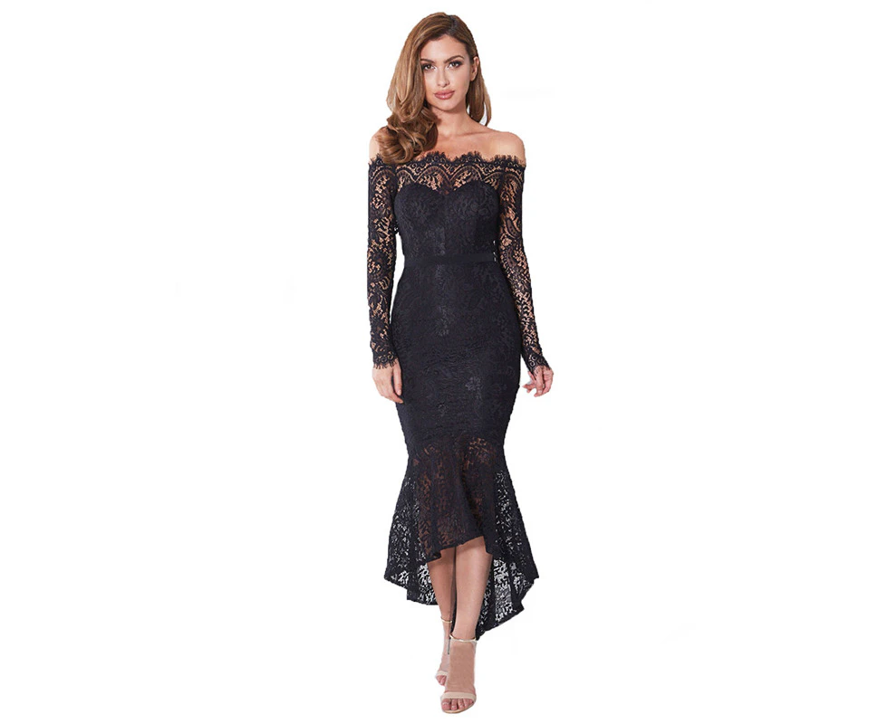 Strapsco Women Off Shoulder Floral Lace Dress Long Sleeve Mermaid Dress-Black