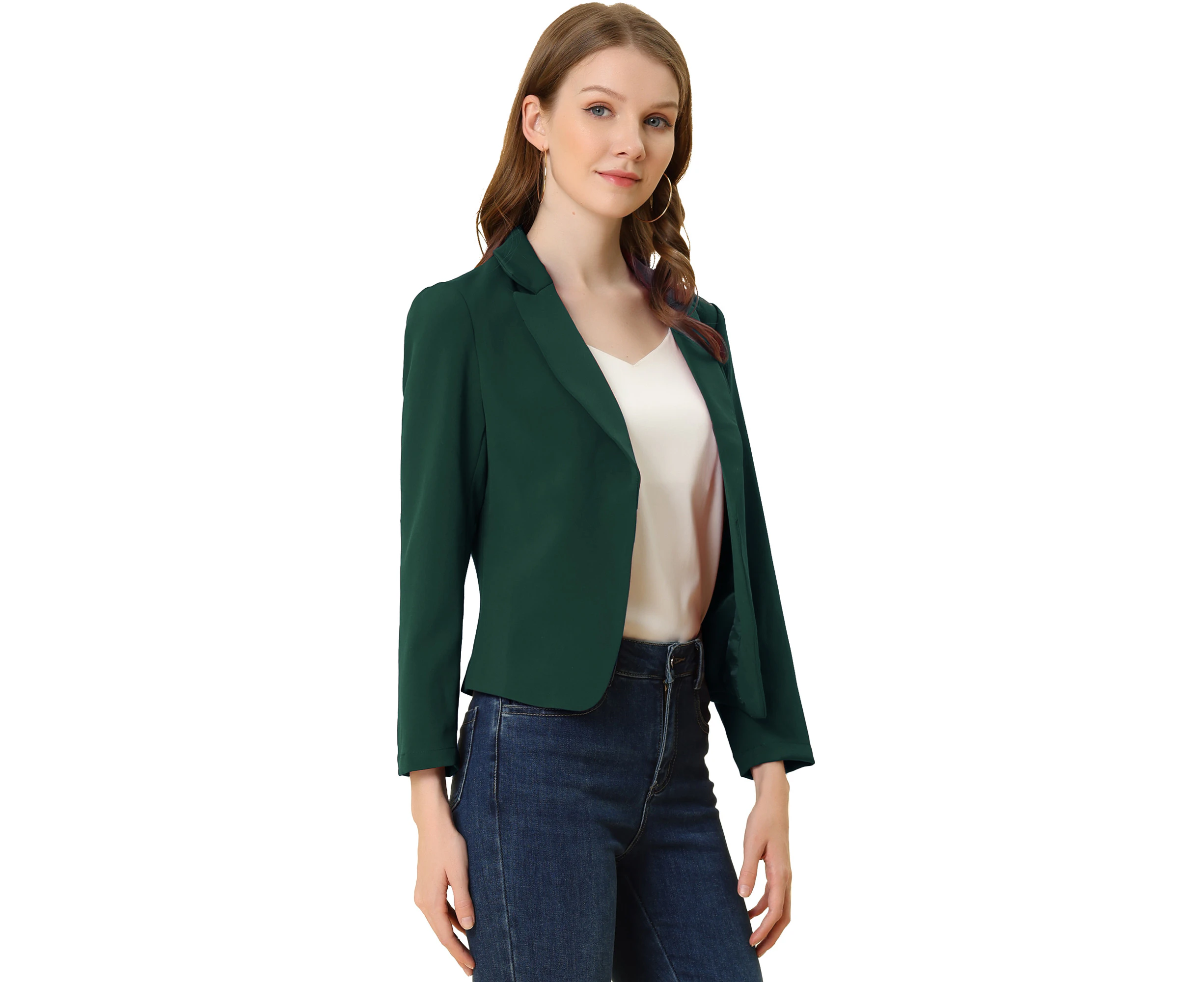 Allegra K Open Front Business Casual Workwear Crop Suit Blazer Jacket Green-solid