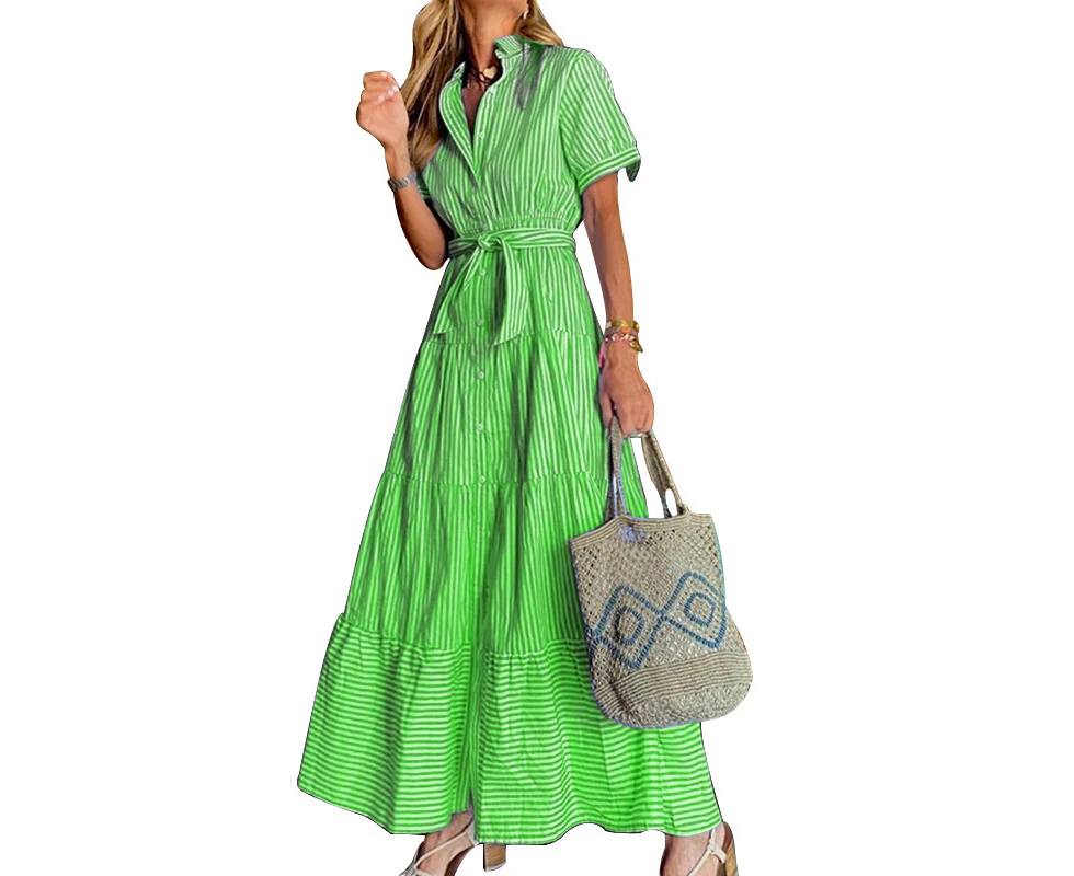 Women's Summer Button Down Shirt Dress Short Sleeve Tiered Ruffle Flowy Maxi Dresses-green