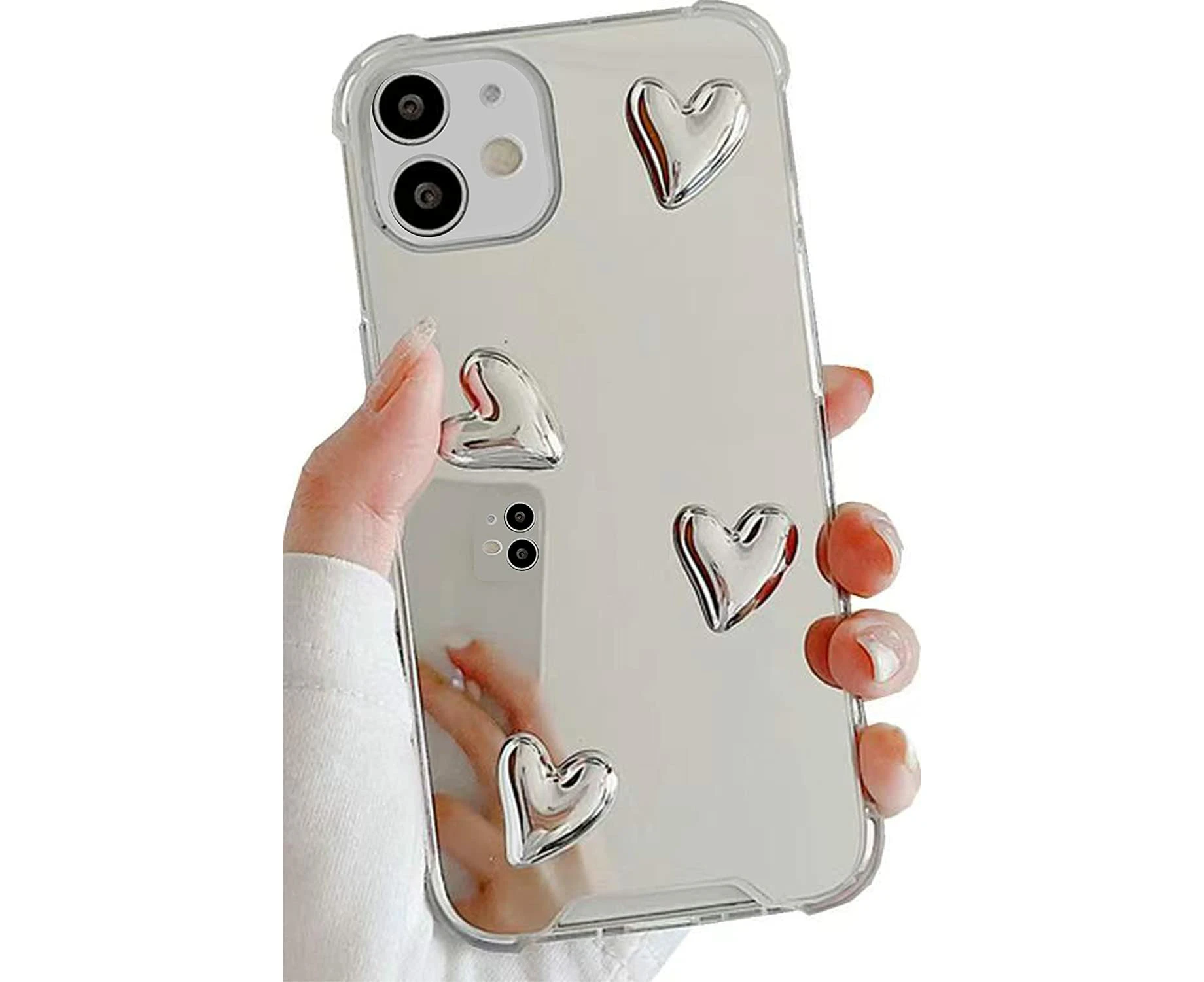 iPhone 12 Pro Max Mirror Case Flexible Cute Heart Soft Silicone Clear Makeup Mirror Women Girls Shockproof Protect Cover Case for iPhone 12 Pro Max