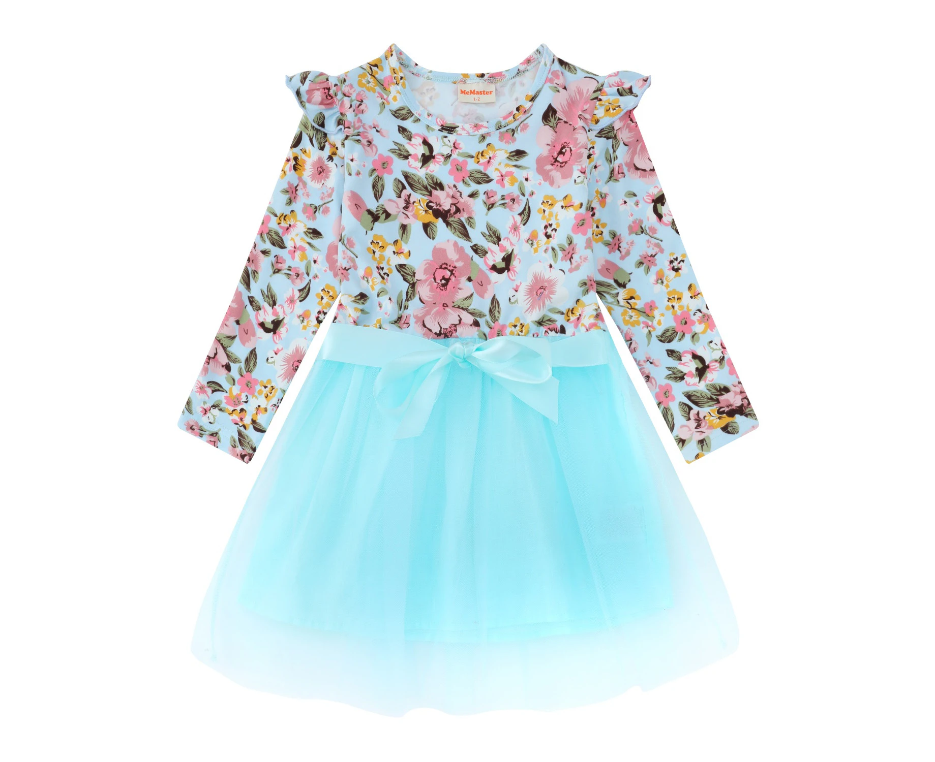 GIRLS FLORAL LONG SLEEVE MESH TULLE DRESS - AQUA