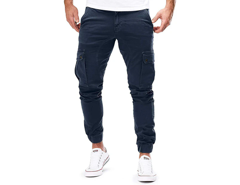 Men's Slim Fit Combat Cargo Pants Skinny Biker Pocket Trousers Casual Joggers Bottoms - Navy Blue