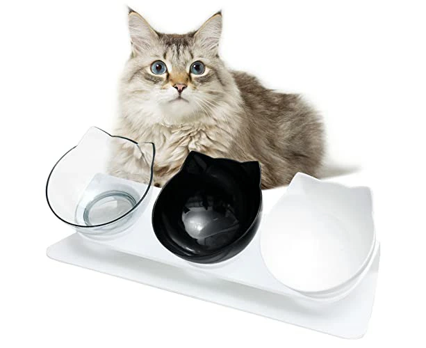 Raised Cat Bowl And Stand, Triple Bowl, Tilted Cat Bowl For Kittens Raised Cat Bowl Anti-Vomiting Plastic Clear Cat Food Water Bowl