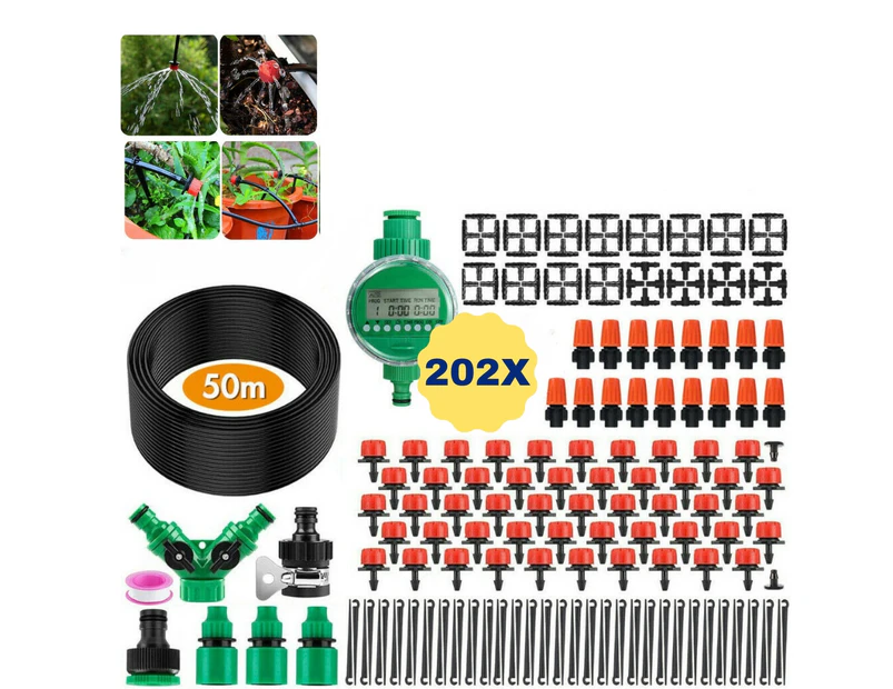 202pcs Kit 50M Hose Garden Irrigation System with Timer Plant Watering Micro Drip Kits DIY