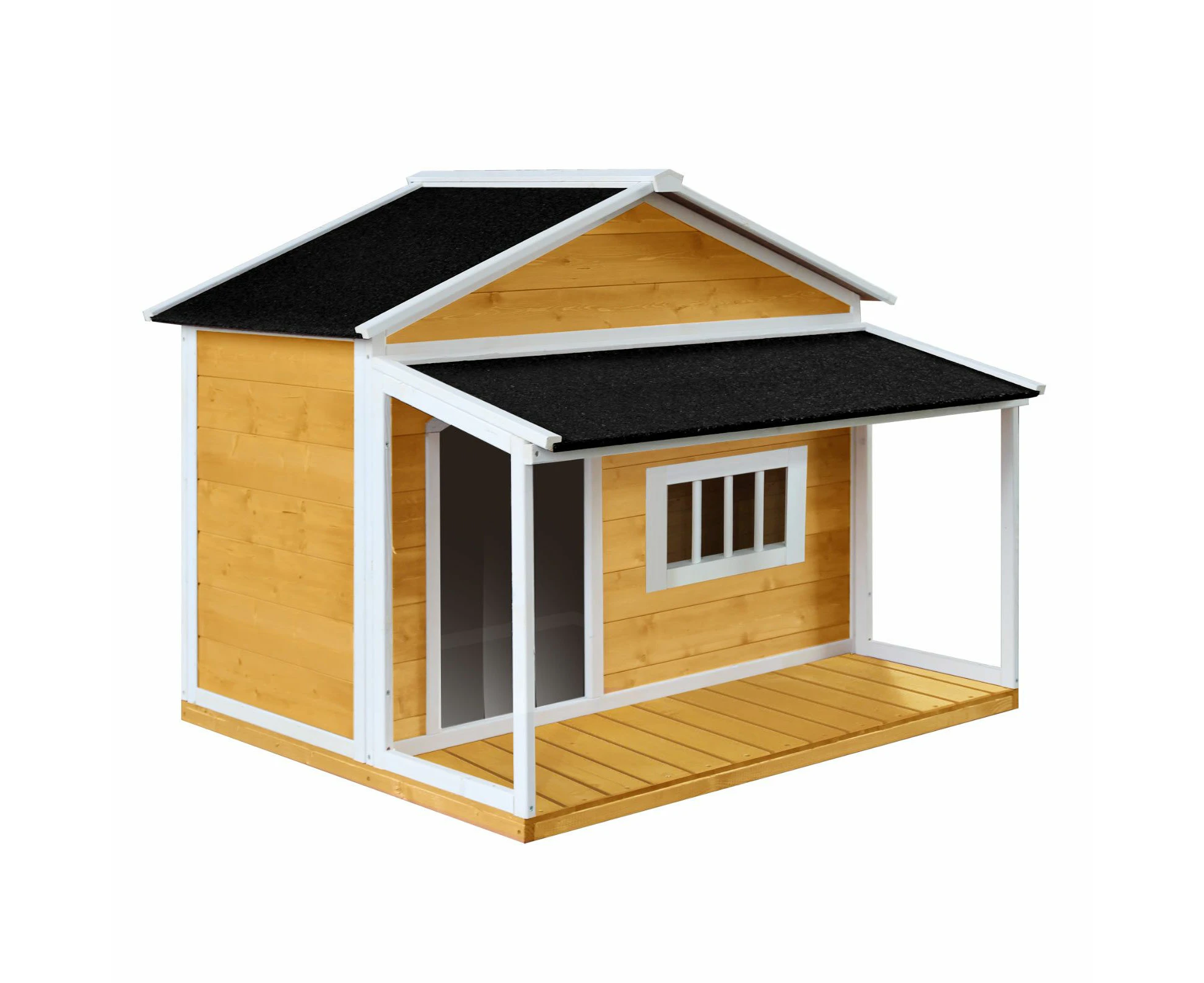 Dog House Kennel Raised Wooden Puppy Pet Shelter Home Outdoor Inside with Porch Window Door Asphalt Roof XL