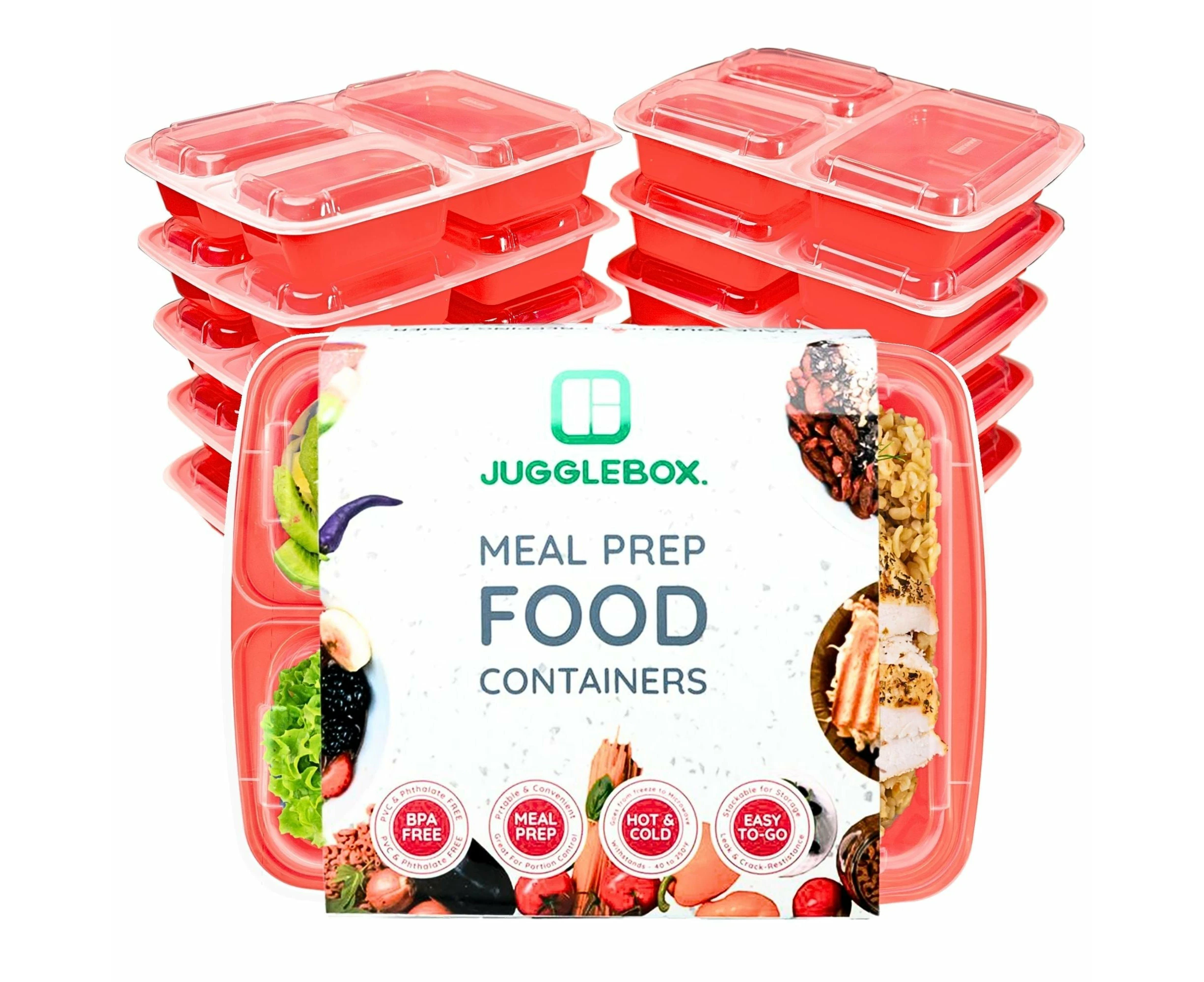 10x Jugglebox Three Compartments Reusable Meal Prep Food Storage Containers 942ml Red