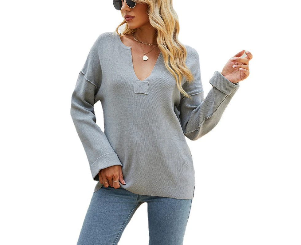 Notch-Collar Solid Color Knitted Sweater Tops