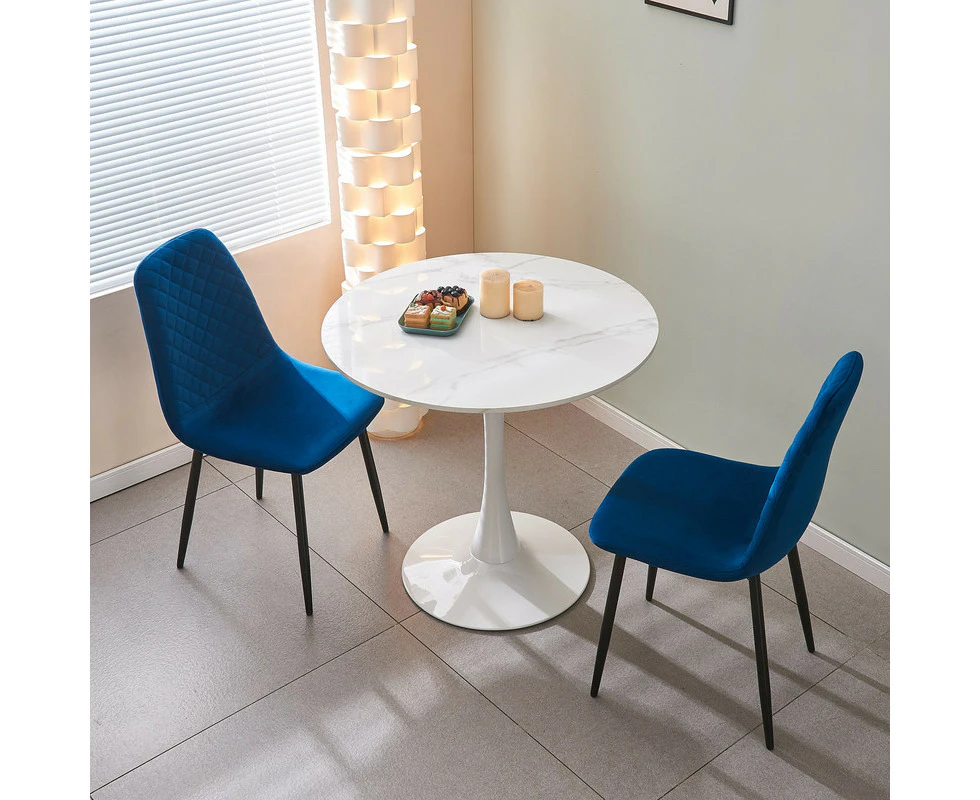 AINPECCA 80CM Round Dining Table and Chair Set Restaurant Cafe Office Blue Upholstered Velvet Chair Faux Marble Tulip