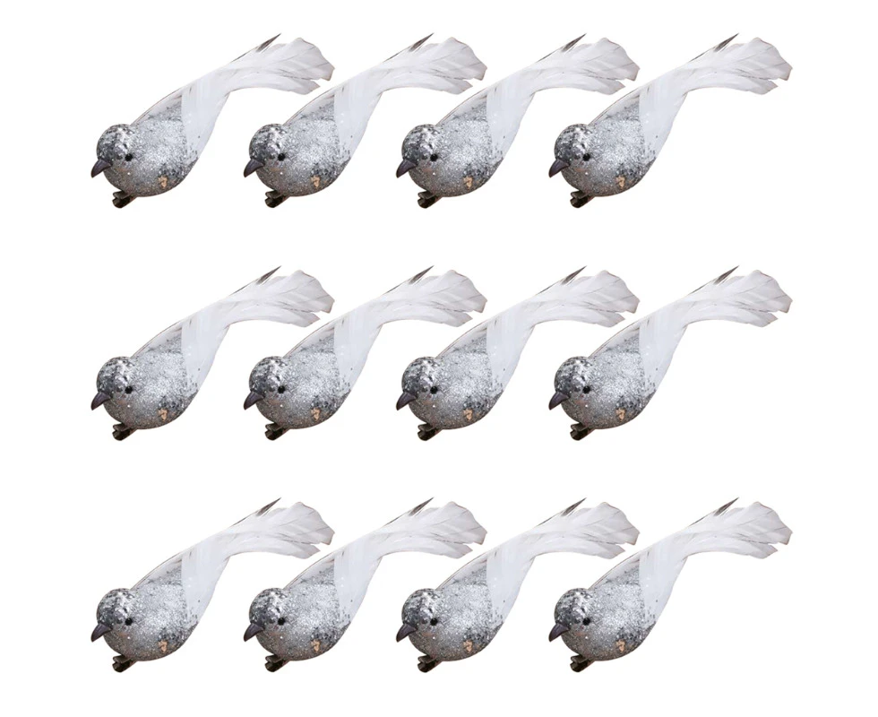 12 Pcs Artificial Christmas Tree Bird with Clip Simulation Feather Foam Birds Xmas Ornament DIY Craft for Party Home Garden-14cm - Silver