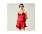 Women Satin Silk Pajamas Camisole Shorts Set 2 Piece-red