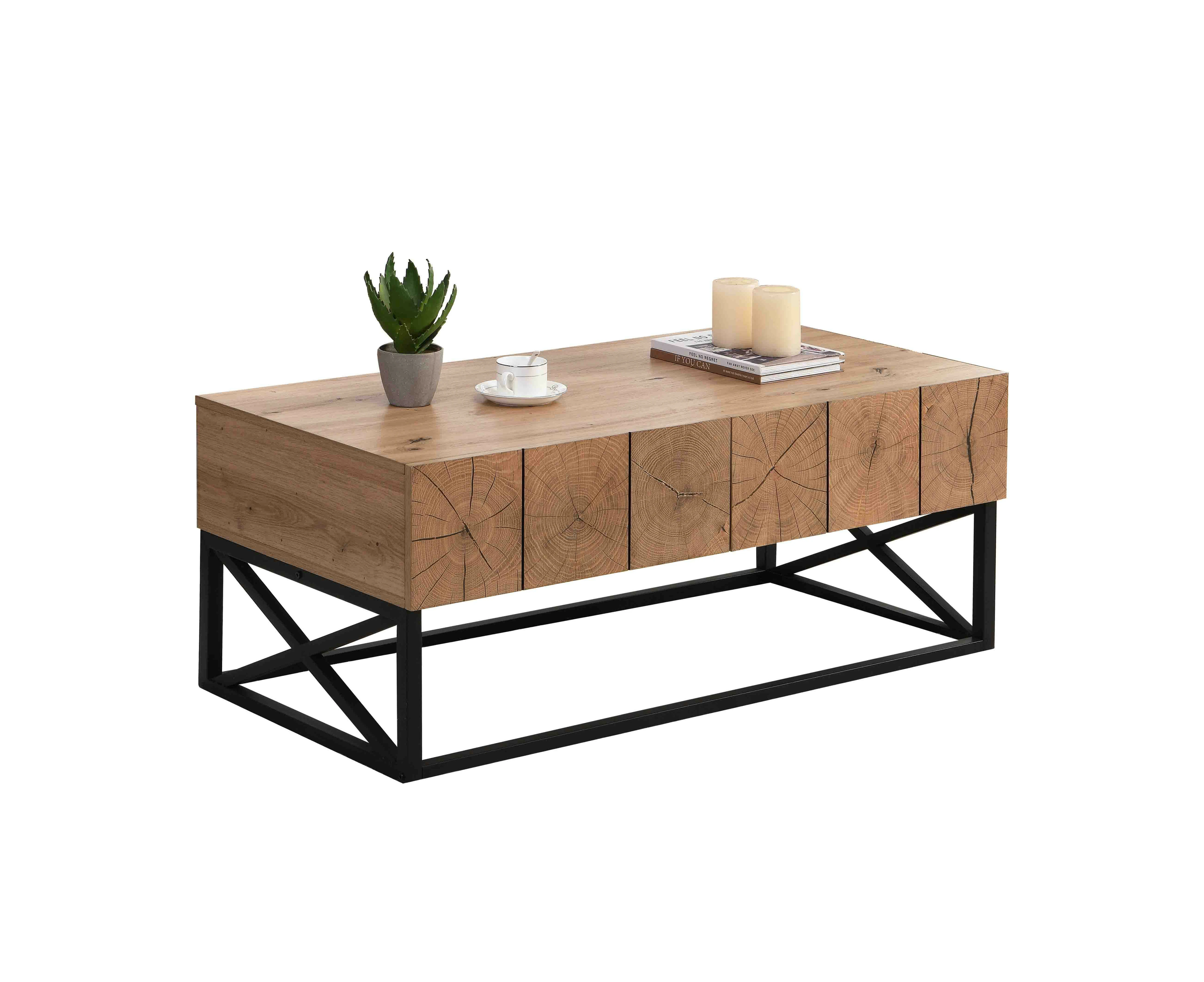 HLIVING 110cm Luxury Coffee Table with Two Drawers, Industrial Coffee Table for Living Room, Bedroom & Office, Light Oak