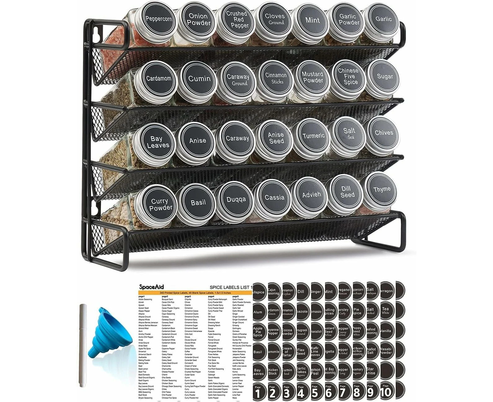 4-Tier Spice Rack Organizer with 28 Empty Glass Jars and 386 Labels, Rust Resistant Iron, Black, Countertop, Cabinet, Kitchen, Pantry, Cupboard