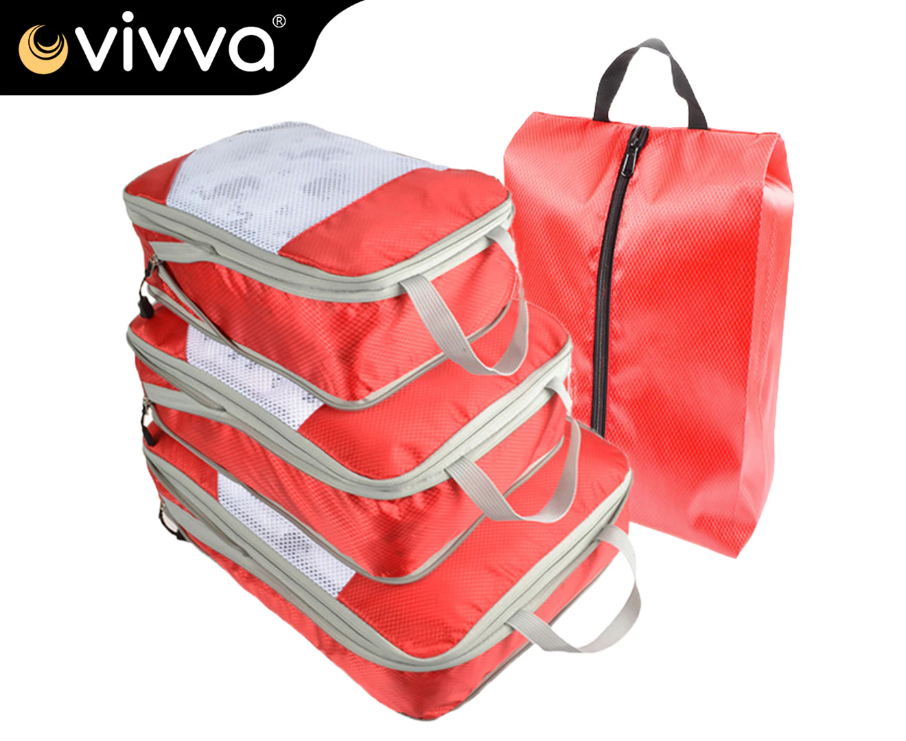 Vivva 4PCS Travel Packing Cubes Pouches Luggage Organiser Clothes Suitcase Storage Bag Red