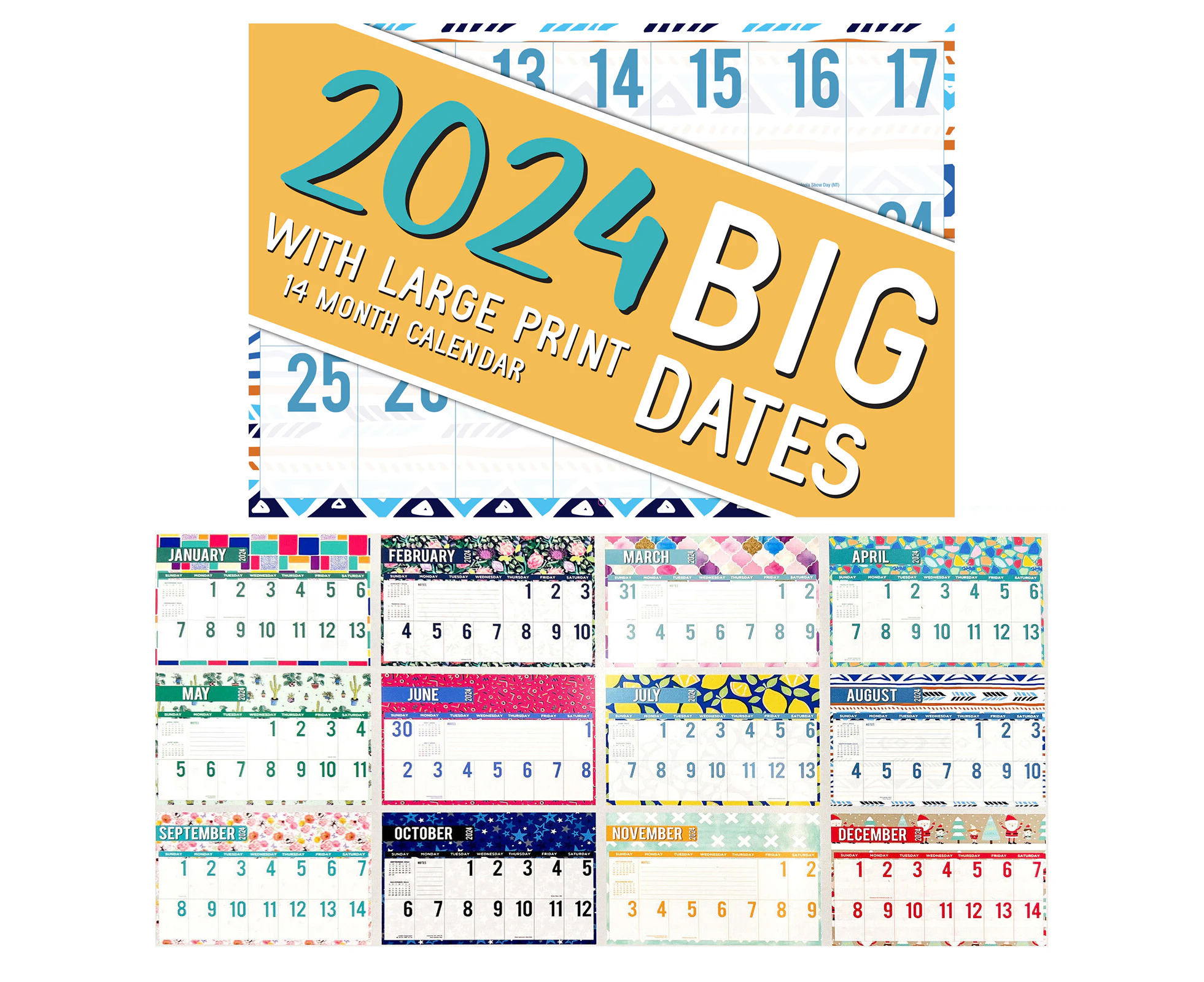 2024 Big Dates w Large Print Rectangle Wall Calendar 14 Months Hanging Planner