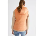 KATIES - Womens Vest -  Fur Trimmed Detachable Hooded Sleeveless Puffer - Orange