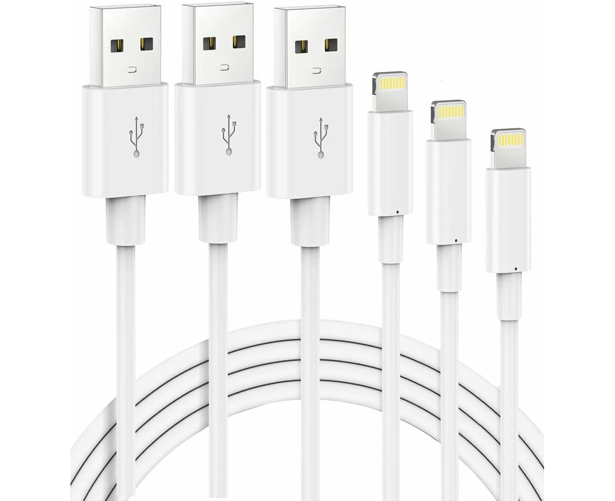 USB A To 18W Lightning Cable For iPhone iPad (3 Pack, 2m, White)