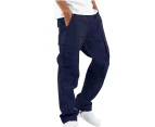 Men's Work Trousers Combat Multi Pockets Cargo Elasticated Stretch Waist Long Pants - Navy Blue