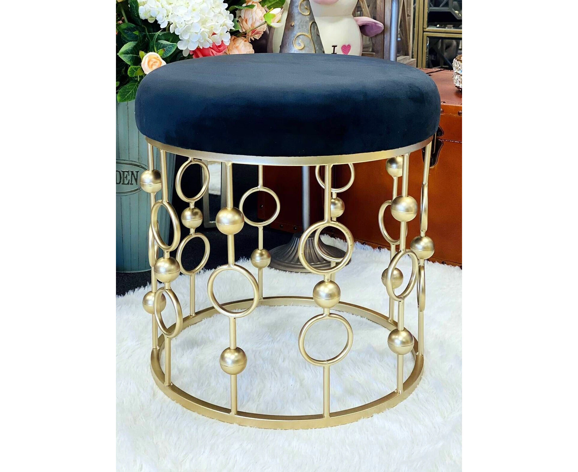 Handmade round black velvet ottoman/vanity stool with gold metal base