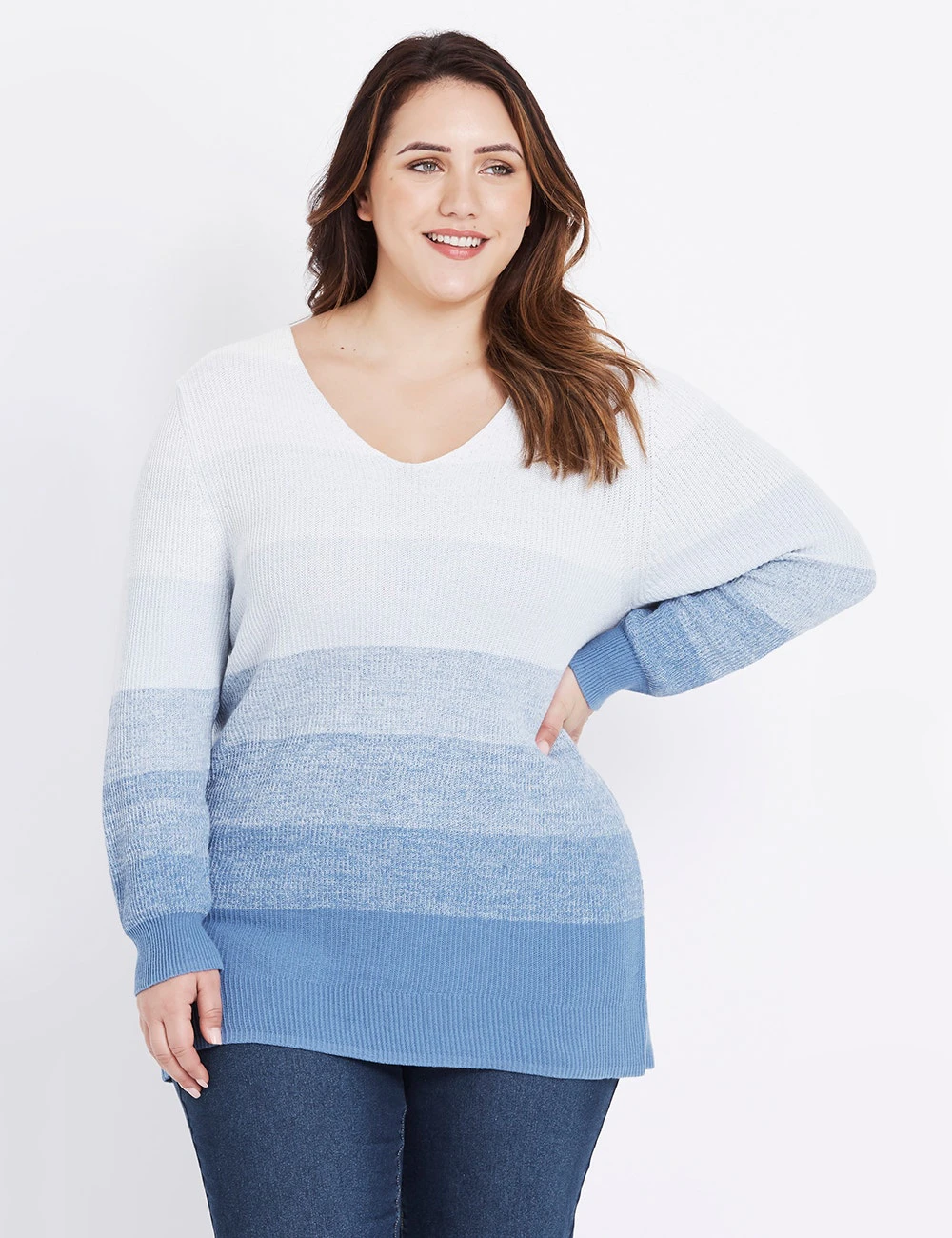 BeMe - Womens Plus Size - Jumper - Winter - Blue Cotton - Pullover / Sweater - Long Sleeve - Striped Ombre - Length Long - Office Wear - Work Clothes